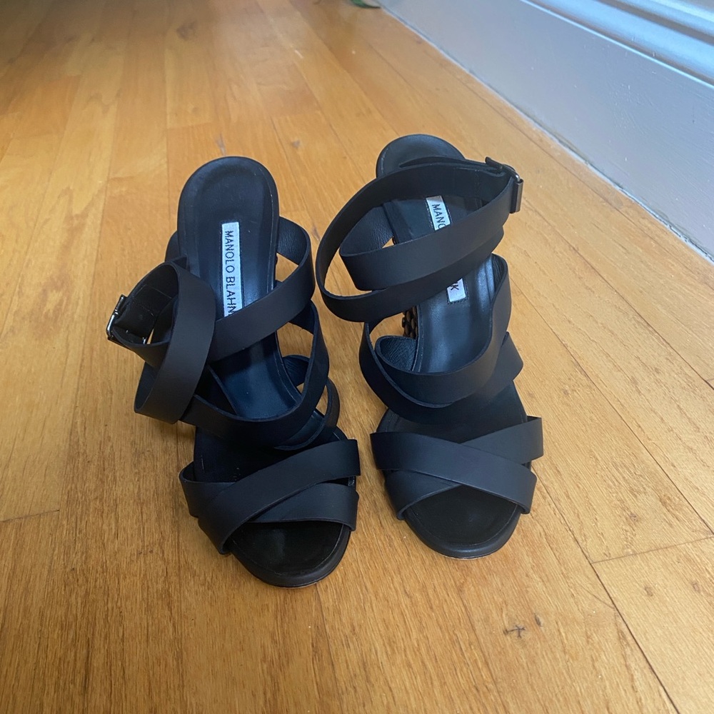 Black Strappy Manalo Blahnik Wedges